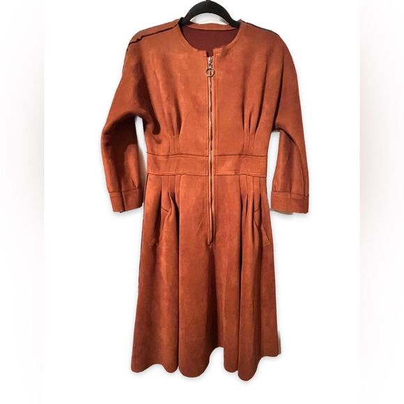 Custom Made Coastal Cowgirl Faux Suede A-Line Dress | Rust Orange Midi |Size 8 - Picture 2 of 3